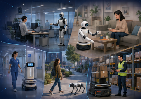 Robots operating in human environments — an office, a home, a hospital, a sidewalk, and a warehouse.